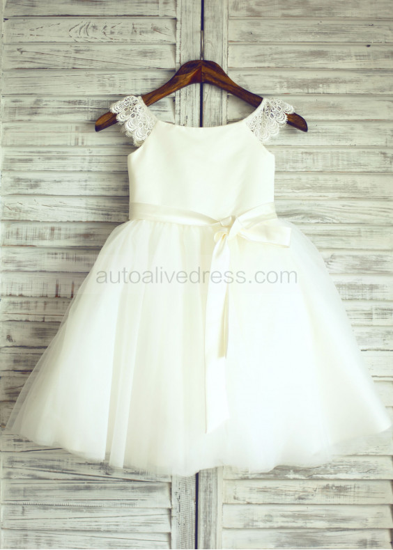 Lace Cap Sleeves Ivory Satin Tulle Wedding Flower Girl Dress 